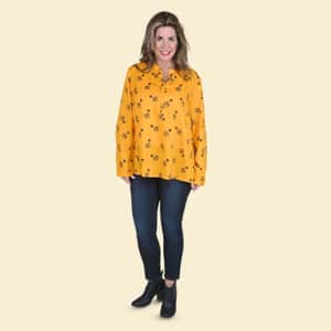 Tamsy Yellow Woven American Crepe Button Up Top -XL