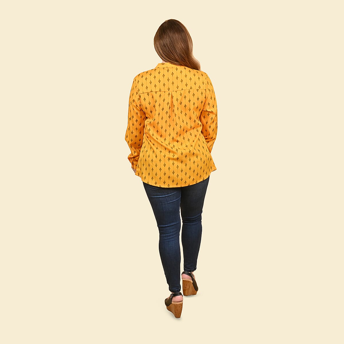 Tamsy Mustard Woven American Crepe Button Up Top -1X image number 1