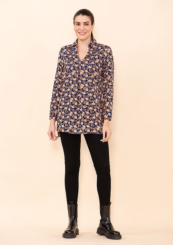Tamsy Blue and Gold Floral Rayon Staple Top -L