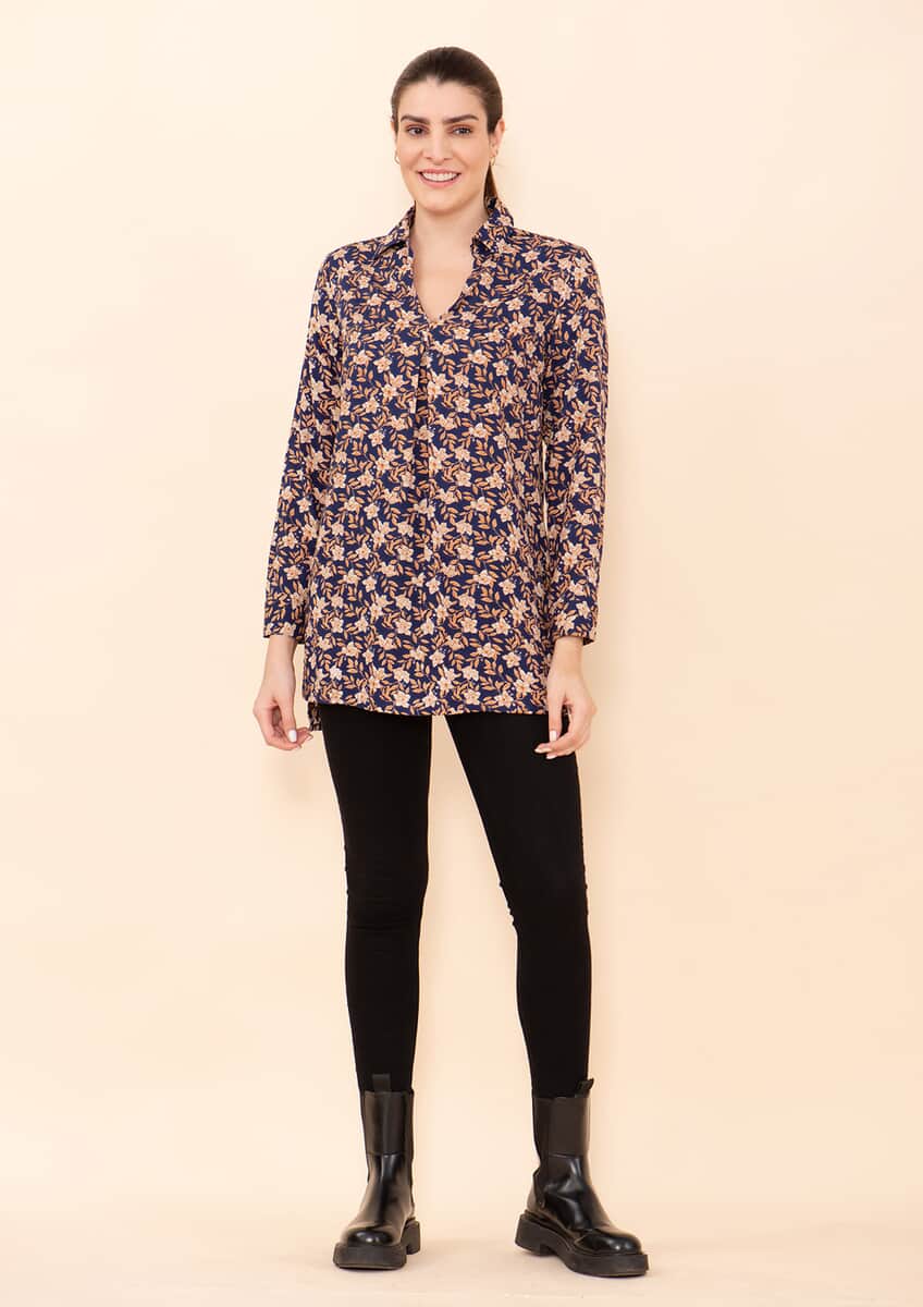Tamsy Blue and Gold Floral Rayon Staple Top -L image number 0