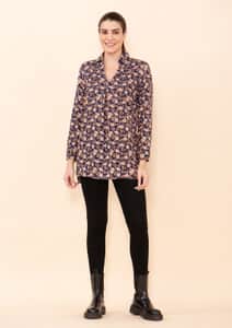 Tamsy Blue and Gold Floral Rayon Staple Top -L