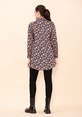 Tamsy Blue and Gold Floral Rayon Staple Top -L