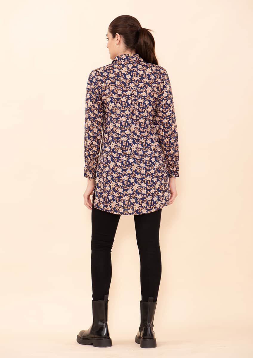 Tamsy Blue and Gold Floral Rayon Staple Top -L image number 1
