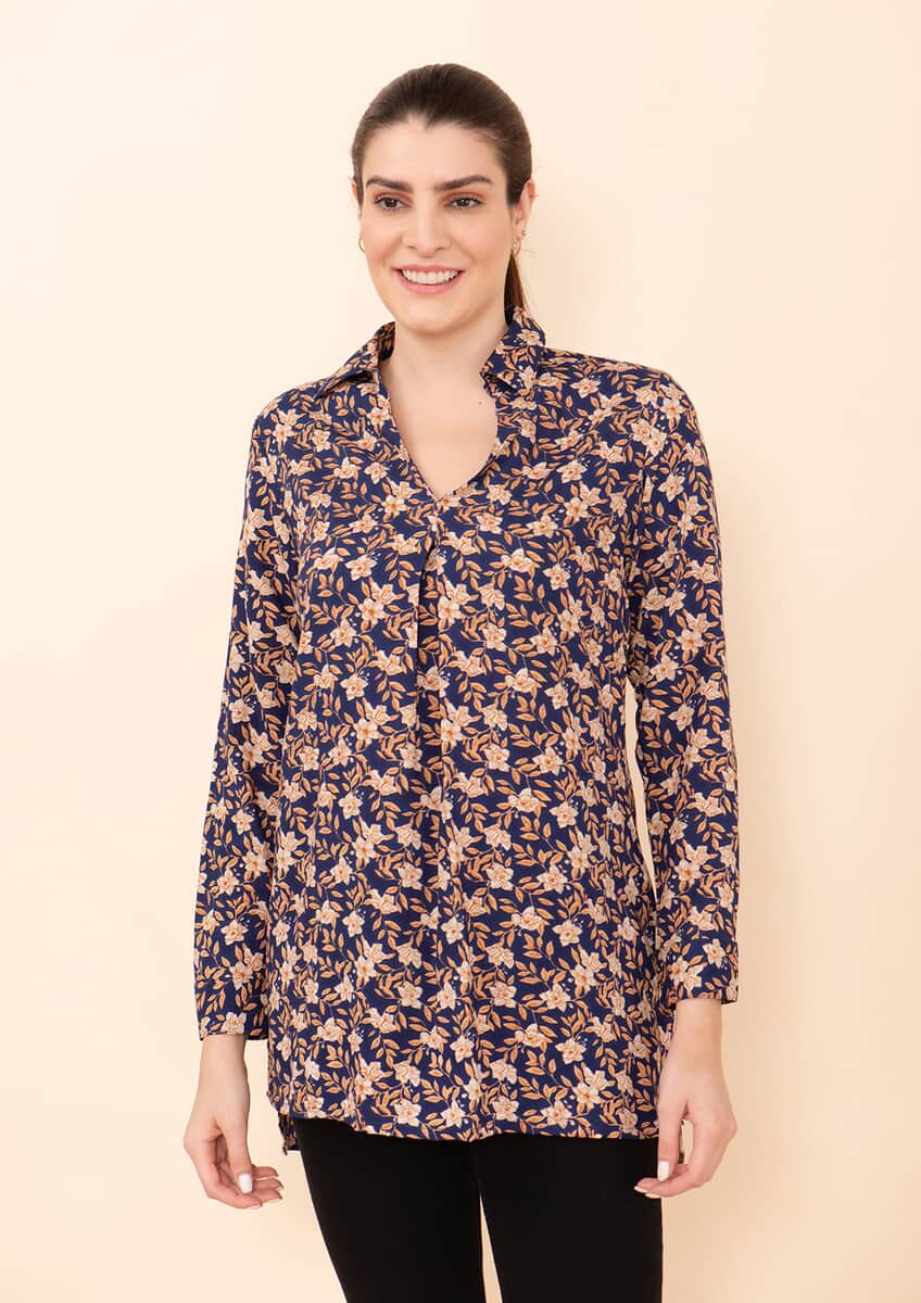 Tamsy Blue and Gold Floral Rayon Staple Top -L image number 2