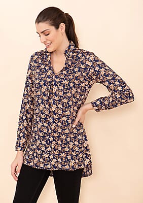 Tamsy Blue and Gold Floral Rayon Staple Top -L