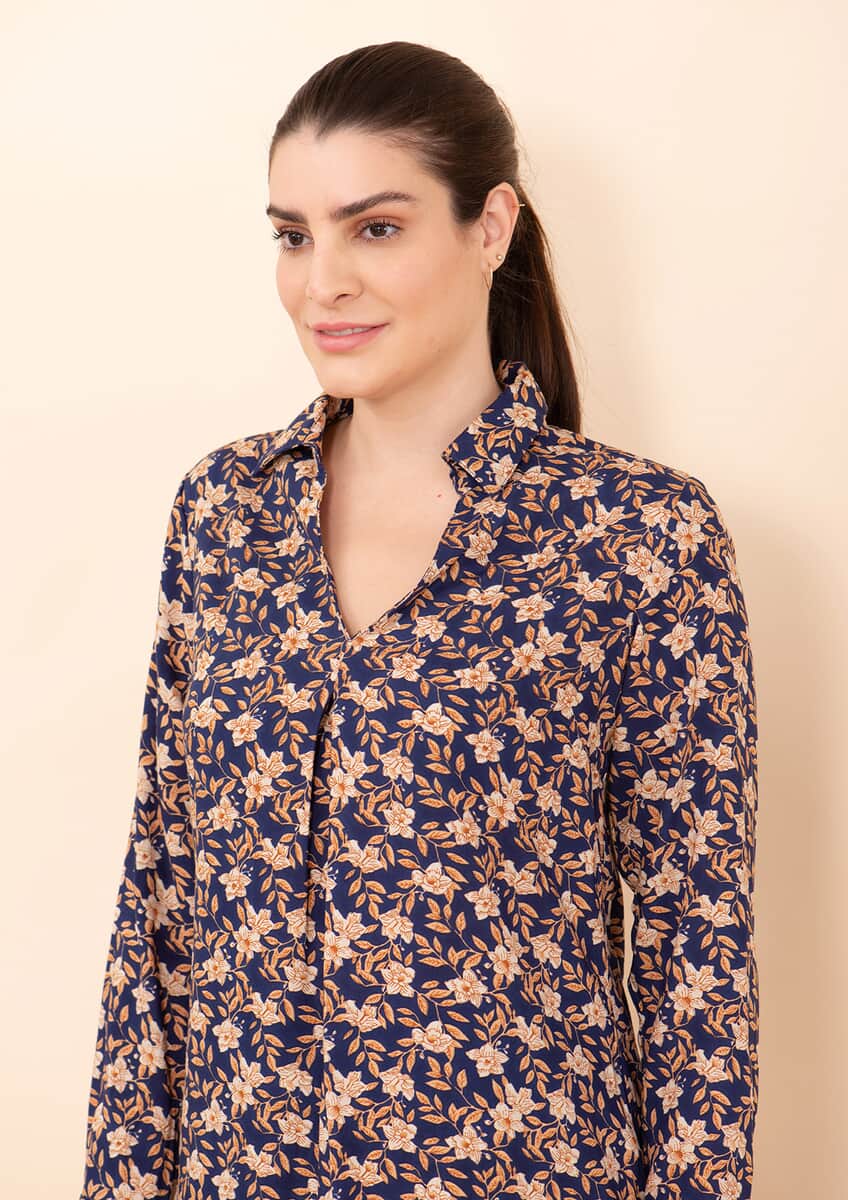 Tamsy Blue and Gold Floral Rayon Staple Top -L image number 4