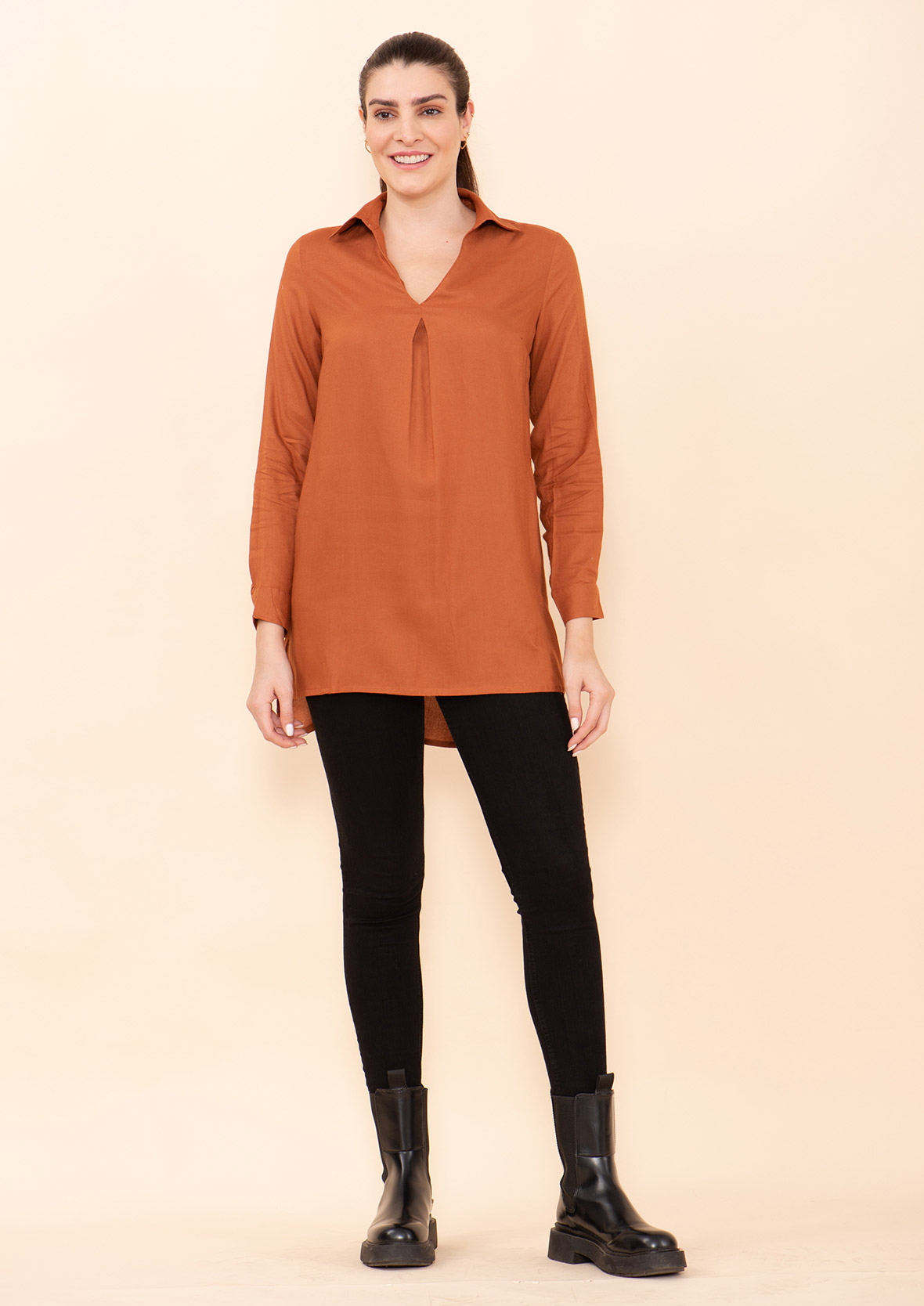 Tamsy Brown Floral Rayon Staple Top -L