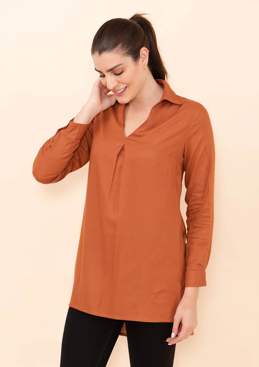 Tamsy Brown Solid Rayon Staple Top -M image number 3