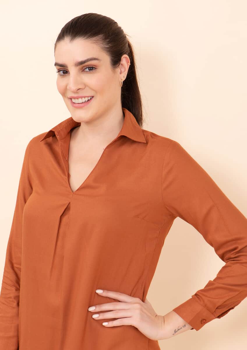 Tamsy Brown Solid Rayon Staple Top -M image number 4