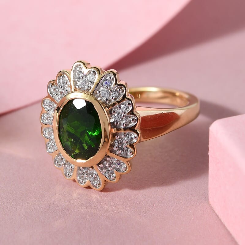 Chrome Diopside and White Zircon 1.65 ctw Ring in 14K Yellow Gold Over Sterling Silver (Size 5.5)