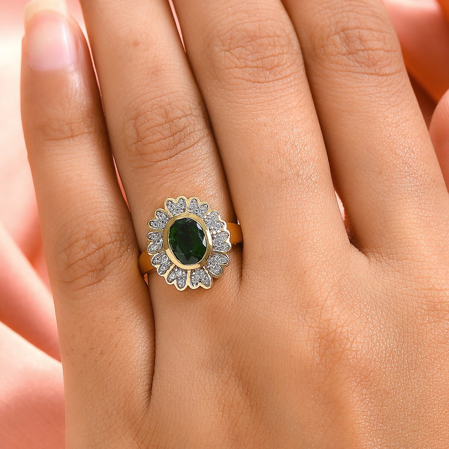 Chrome Diopside and White Zircon 1.65 ctw Ring in 14K Yellow Gold Over Sterling Silver (Size 5.5)