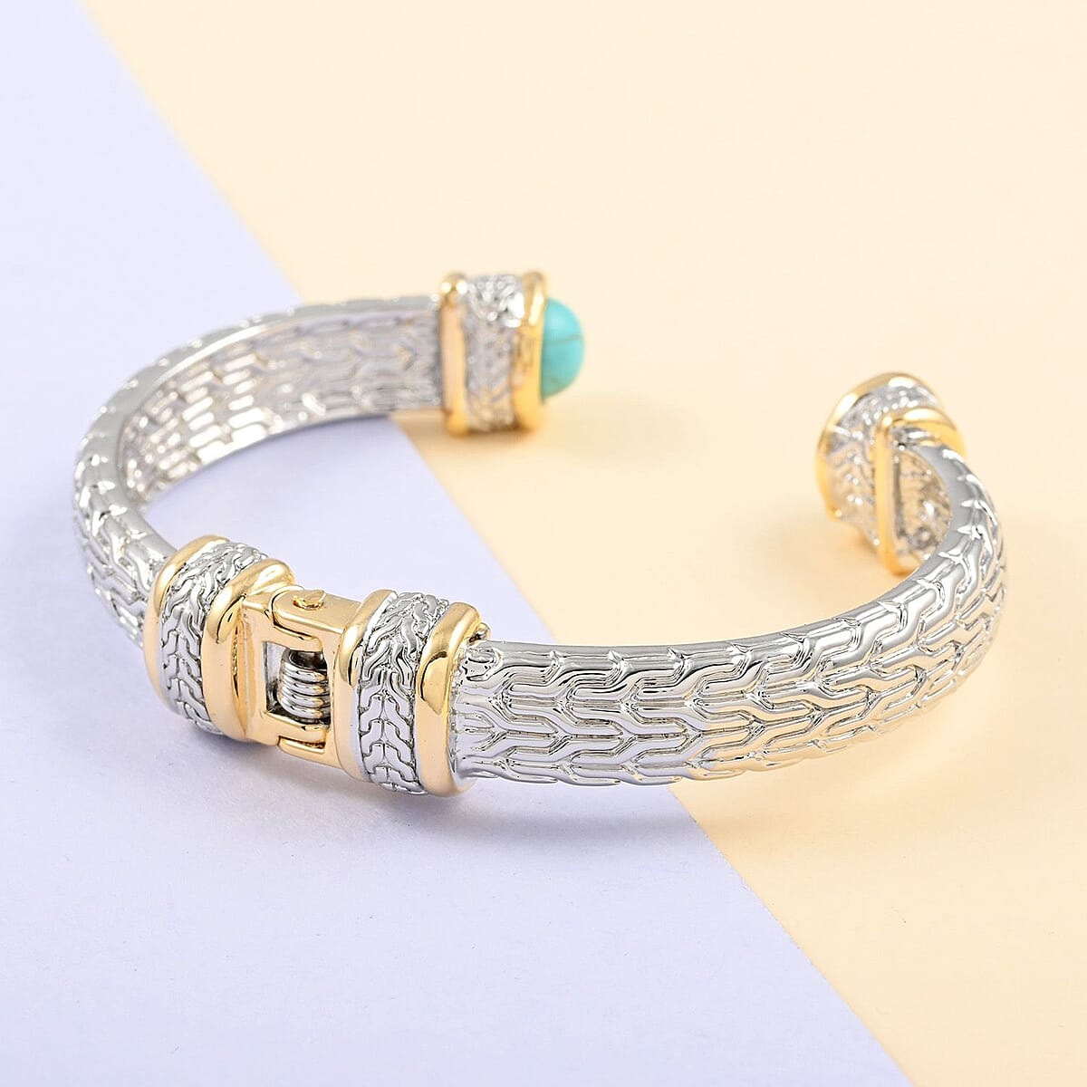 MX Signature Collection Two-Tone Turquoise Hinge Cuff Bracelet in Silvertone and Goldtone (6.50 In) 1.00 ctw image number 1