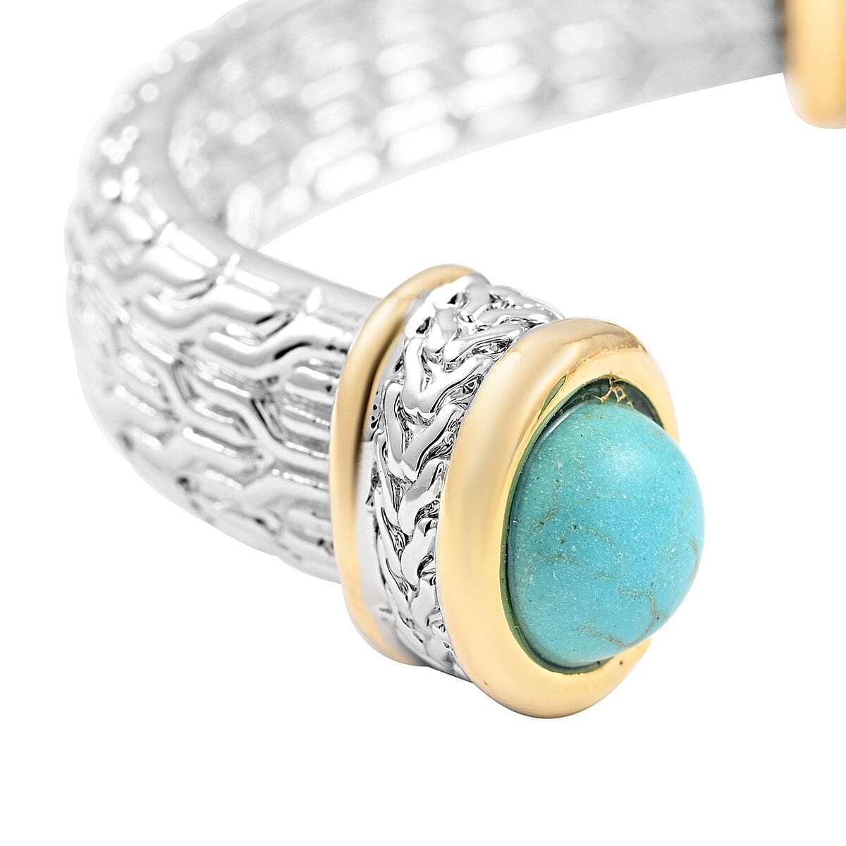 MX Signature Collection Two-Tone Turquoise Hinge Cuff Bracelet in Silvertone and Goldtone (6.50 In) 1.00 ctw image number 3