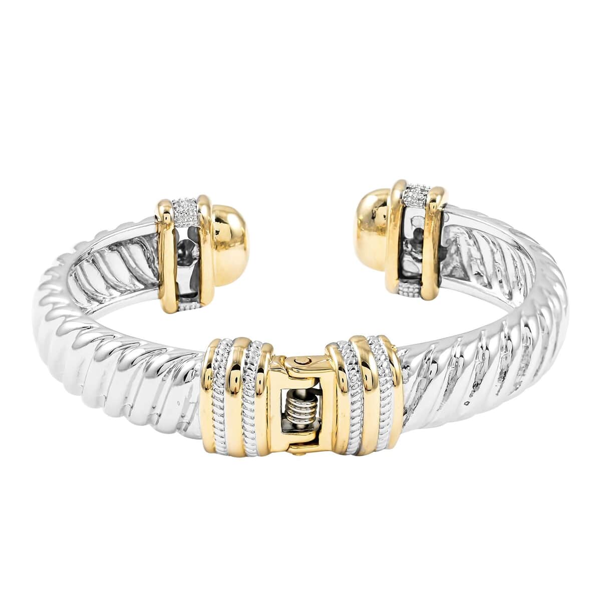 MX Signature Collection Two-Tone Micro Pave Simulated Diamond Twisted Bar Look Cuff Bracelet in Silvertone and Goldtone (6.50 In) 0.40 ctw image number 0