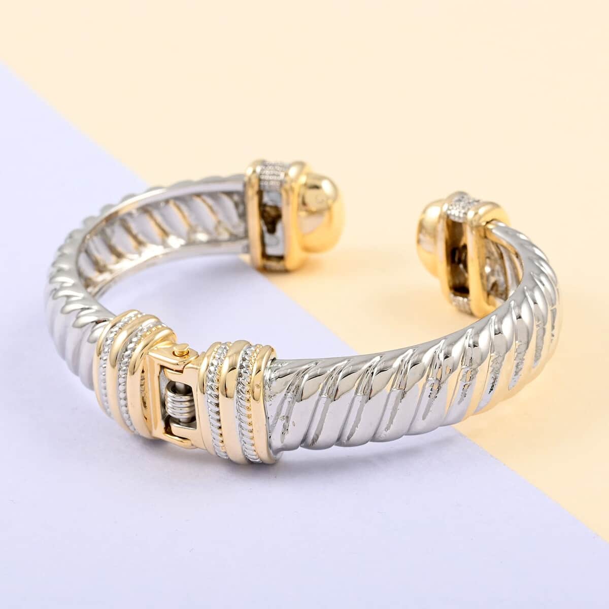 MX Signature Collection Two-Tone Micro Pave Simulated Diamond Twisted Bar Look Cuff Bracelet in Silvertone and Goldtone (6.50 In) 0.40 ctw image number 1
