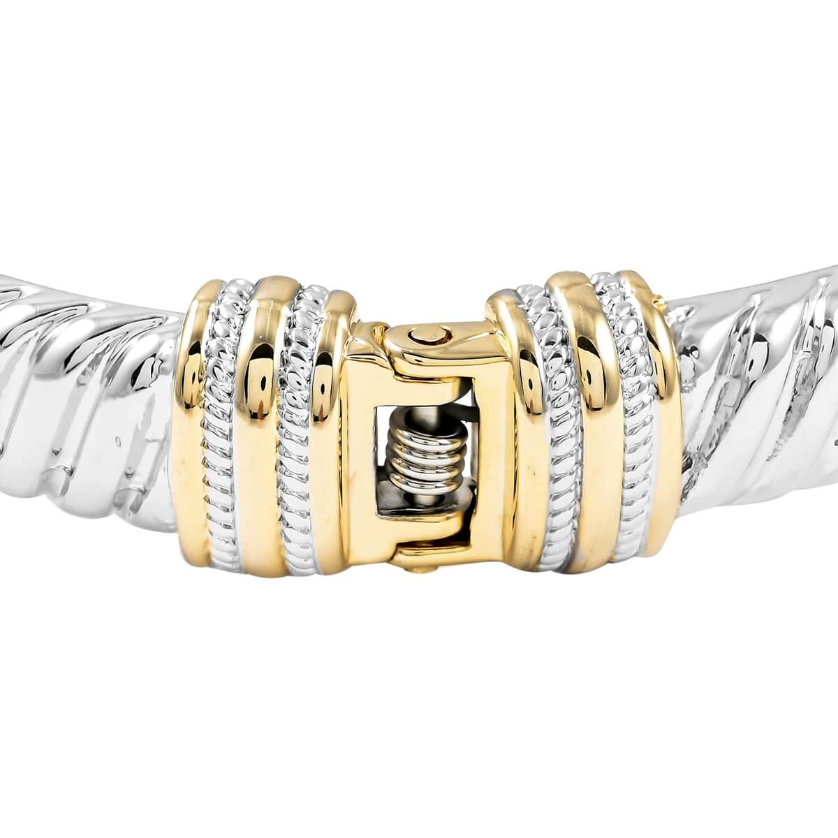 MX Signature Collection Two-Tone Micro Pave Simulated Diamond Twisted Bar Look Cuff Bracelet in Silvertone and Goldtone (6.50 In) 0.40 ctw image number 2