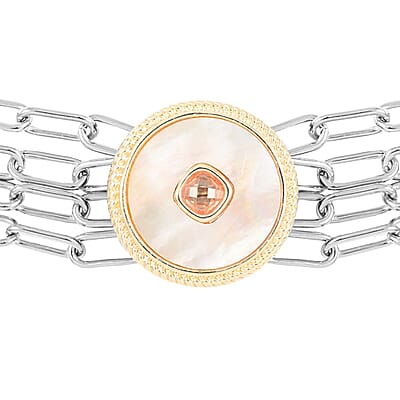 MX Signature Collection White Mother of Pearl and Simulated Diamond 4 Row Two-Tone Paper Clip Chain Bracelet in Dualtone (6.50 In) 10.20 ctw