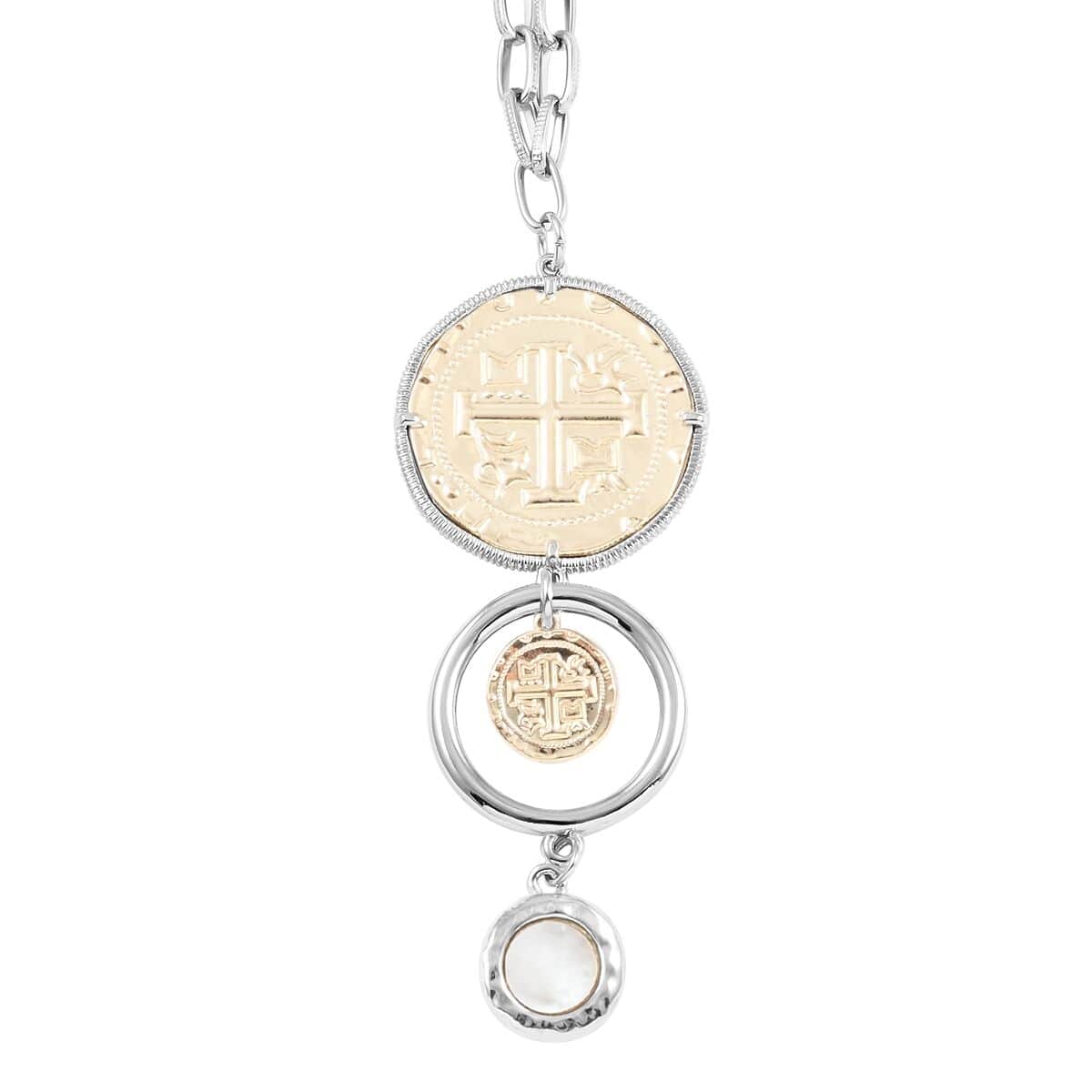 MX Signature Collection Two-Tone Coin Inspired Drop Necklace 16 Inches in Silvertone and Goldtone image number 0