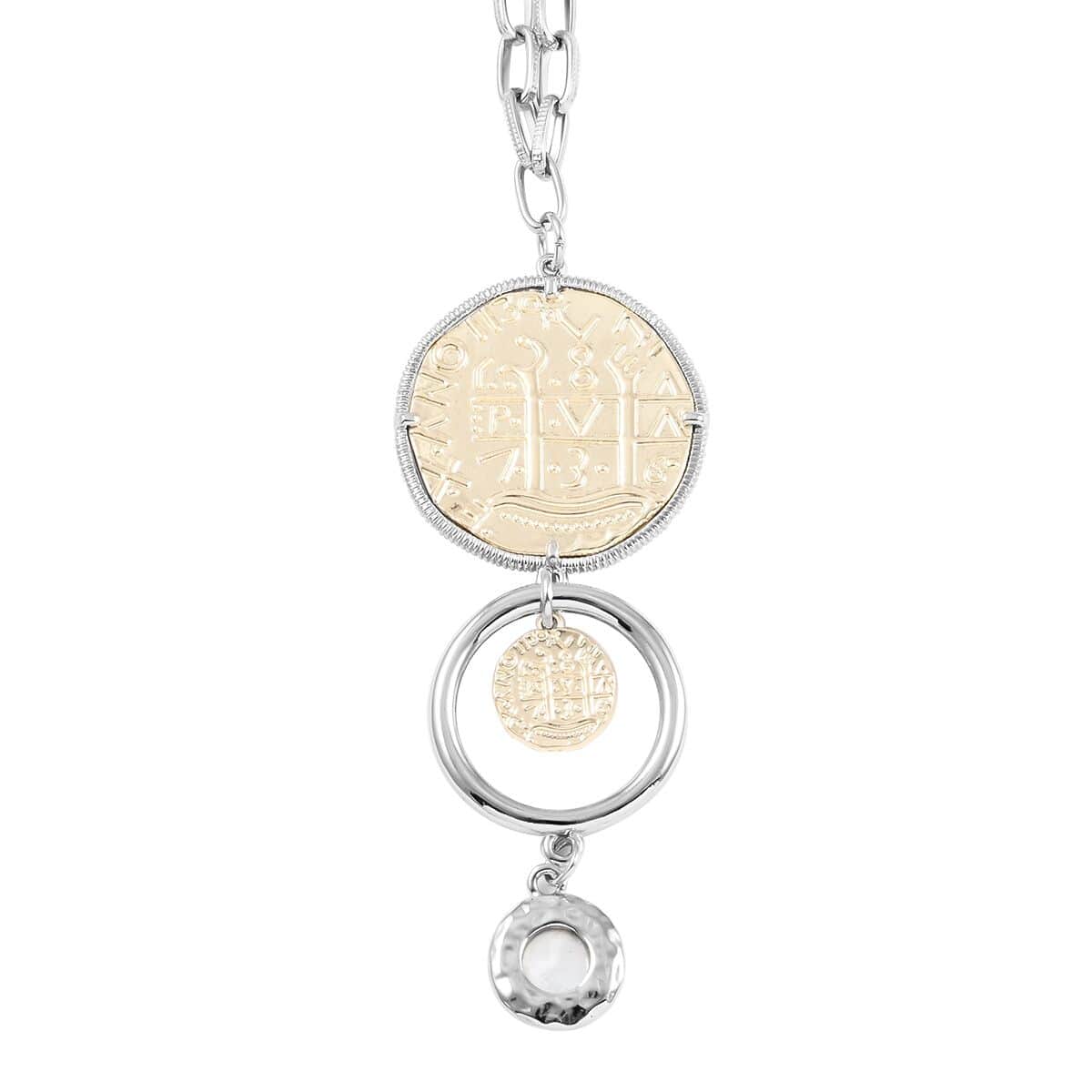 MX Signature Collection Two-Tone Coin Inspired Drop Necklace 16 Inches in Silvertone and Goldtone image number 3