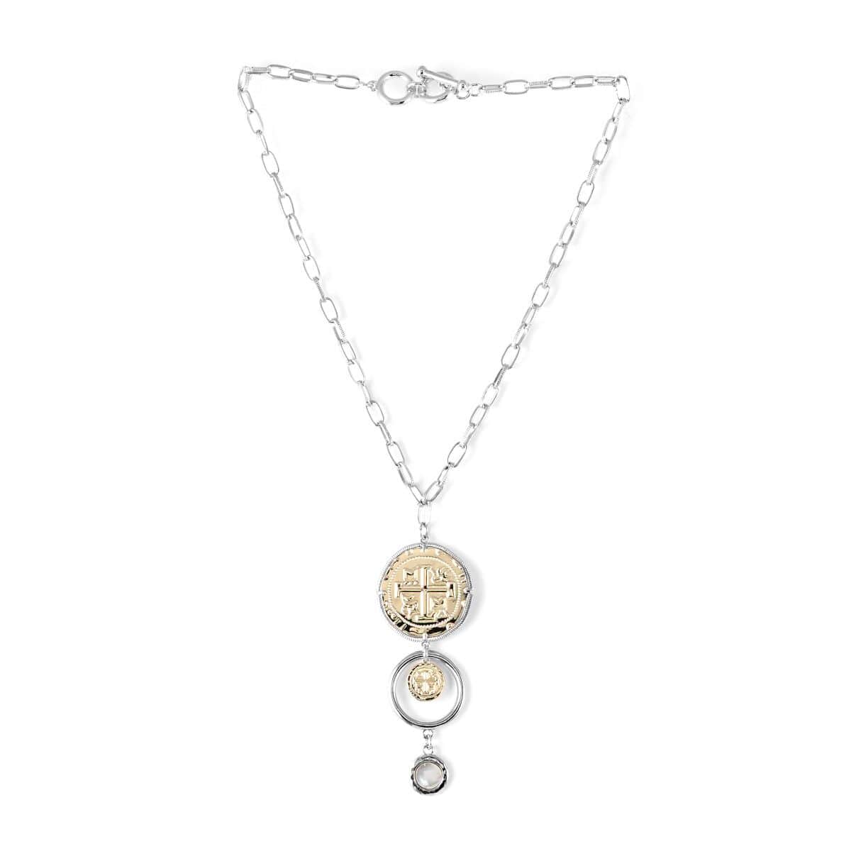 MX Signature Collection Two-Tone Coin Inspired Drop Necklace 16 Inches in Silvertone and Goldtone image number 4