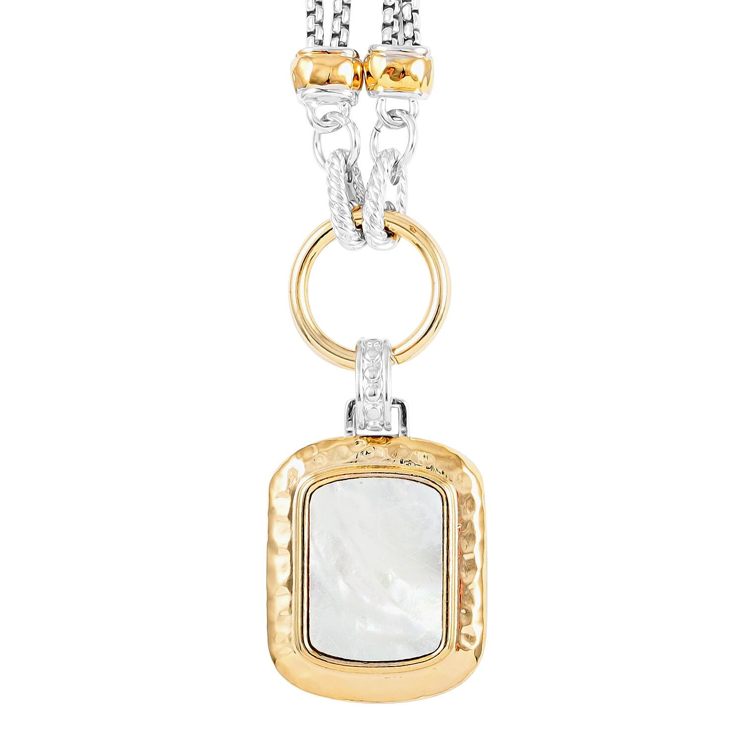 MX Signature Collection White Mother of Pearl Reversible Floral Pendant with 2 Row Cable Chain Necklace 17 Inches in Silvertone and Goldtone