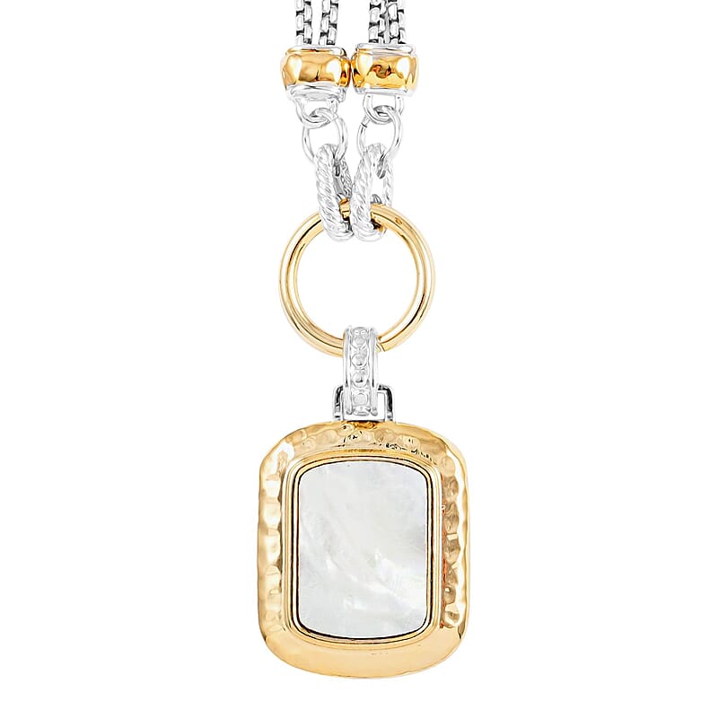 MX Signature Collection White Mother of Pearl Reversible Floral Pendant with 2 Row Cable Chain Necklace 17 Inches in Silvertone and Goldtone