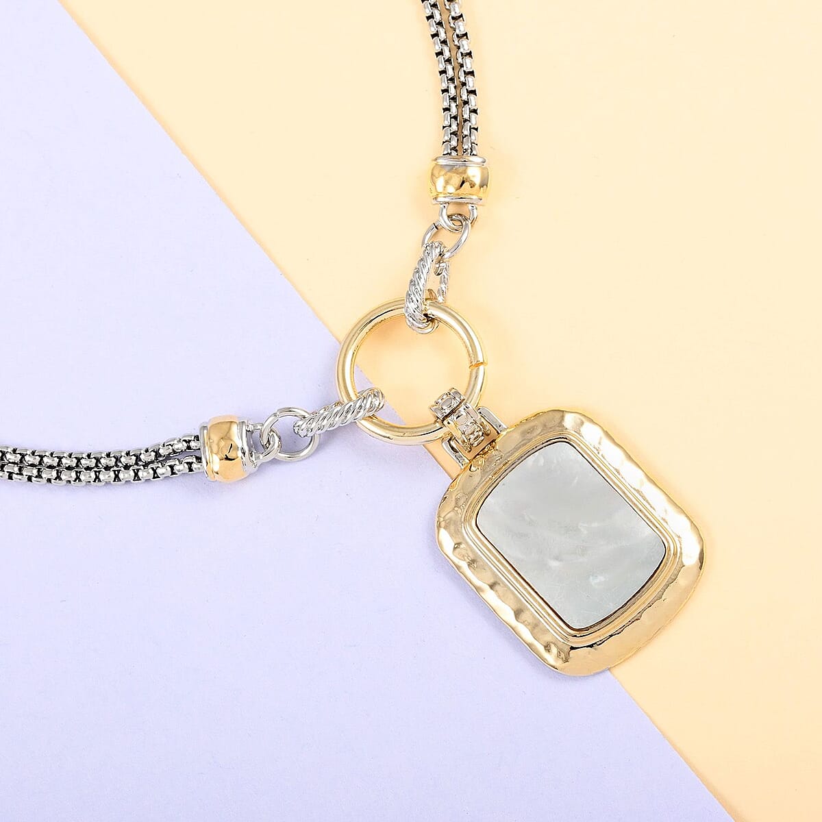 MX Signature Collection White Mother of Pearl Reversible Floral Pendant with 2 Row Cable Chain Necklace 17 Inches in Silvertone and Goldtone image number 1