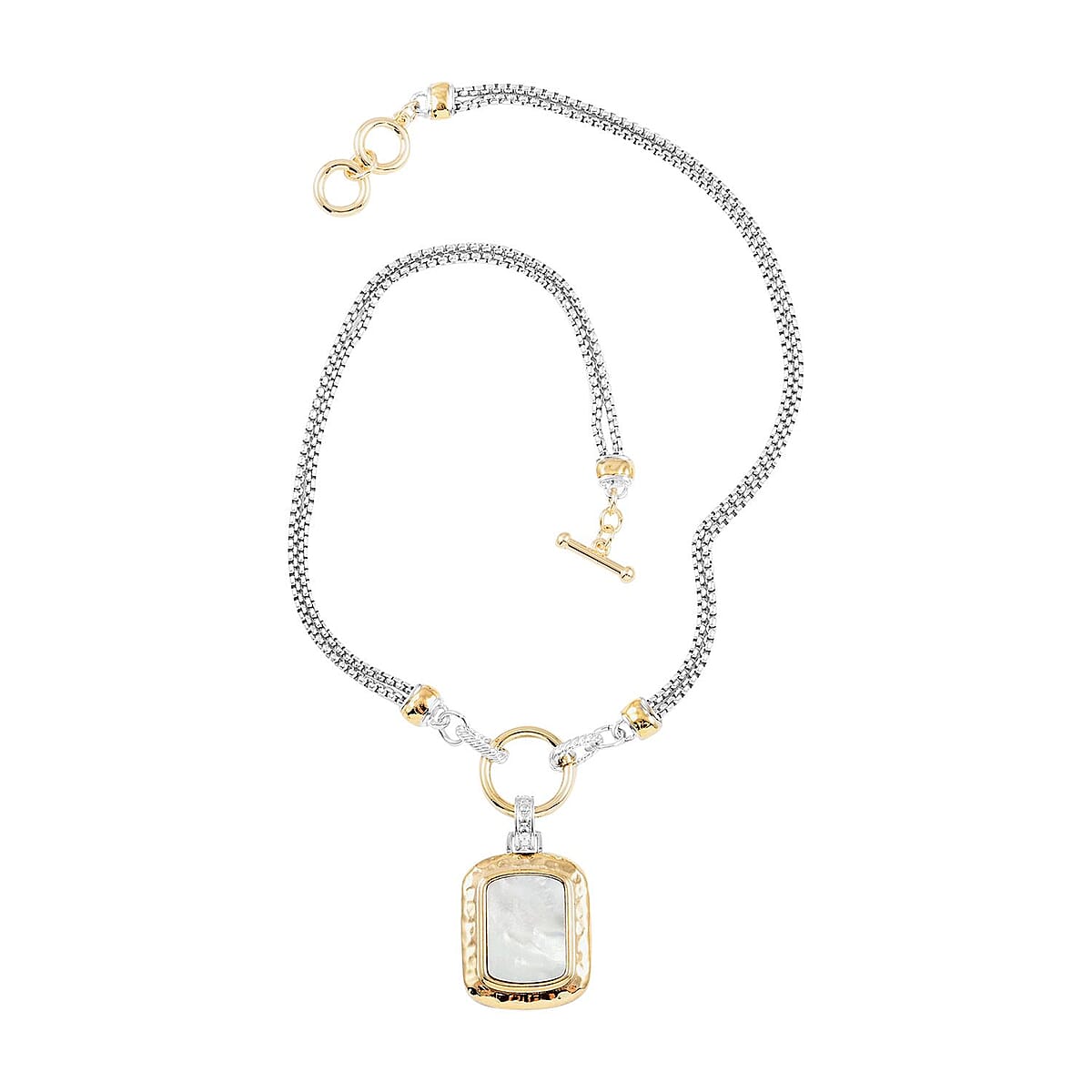 MX Signature Collection White Mother of Pearl Reversible Floral Pendant with 2 Row Cable Chain Necklace 17 Inches in Silvertone and Goldtone image number 2