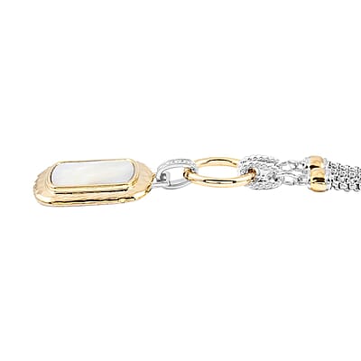 MX Signature Collection White Mother of Pearl Reversible Floral Pendant with 2 Row Cable Chain Necklace 17 Inches in Silvertone and Goldtone