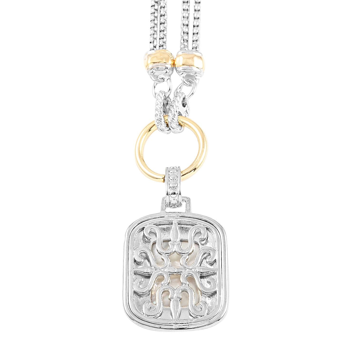 MX Signature Collection White Mother of Pearl Reversible Floral Pendant with 2 Row Cable Chain Necklace 17 Inches in Silvertone and Goldtone