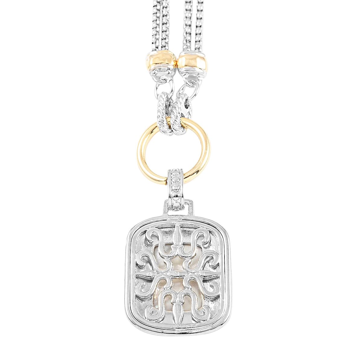 MX Signature Collection White Mother of Pearl Reversible Floral Pendant with 2 Row Cable Chain Necklace 17 Inches in Silvertone and Goldtone image number 4
