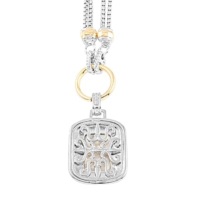 MX Signature Collection White Mother of Pearl Reversible Floral Pendant with 2 Row Cable Chain Necklace 17 Inches in Silvertone and Goldtone