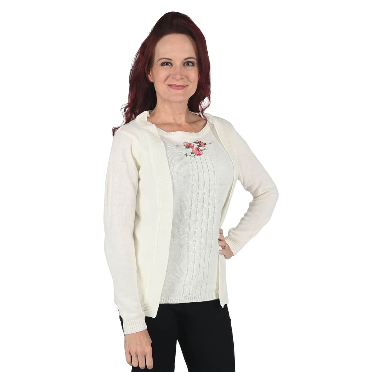 NY DESIGNER SWEATER CLOSEOUT - EVELYN TAYLOR Mock 2-in-1 Twin Set Sweater in Ivory - Size XL image number 0