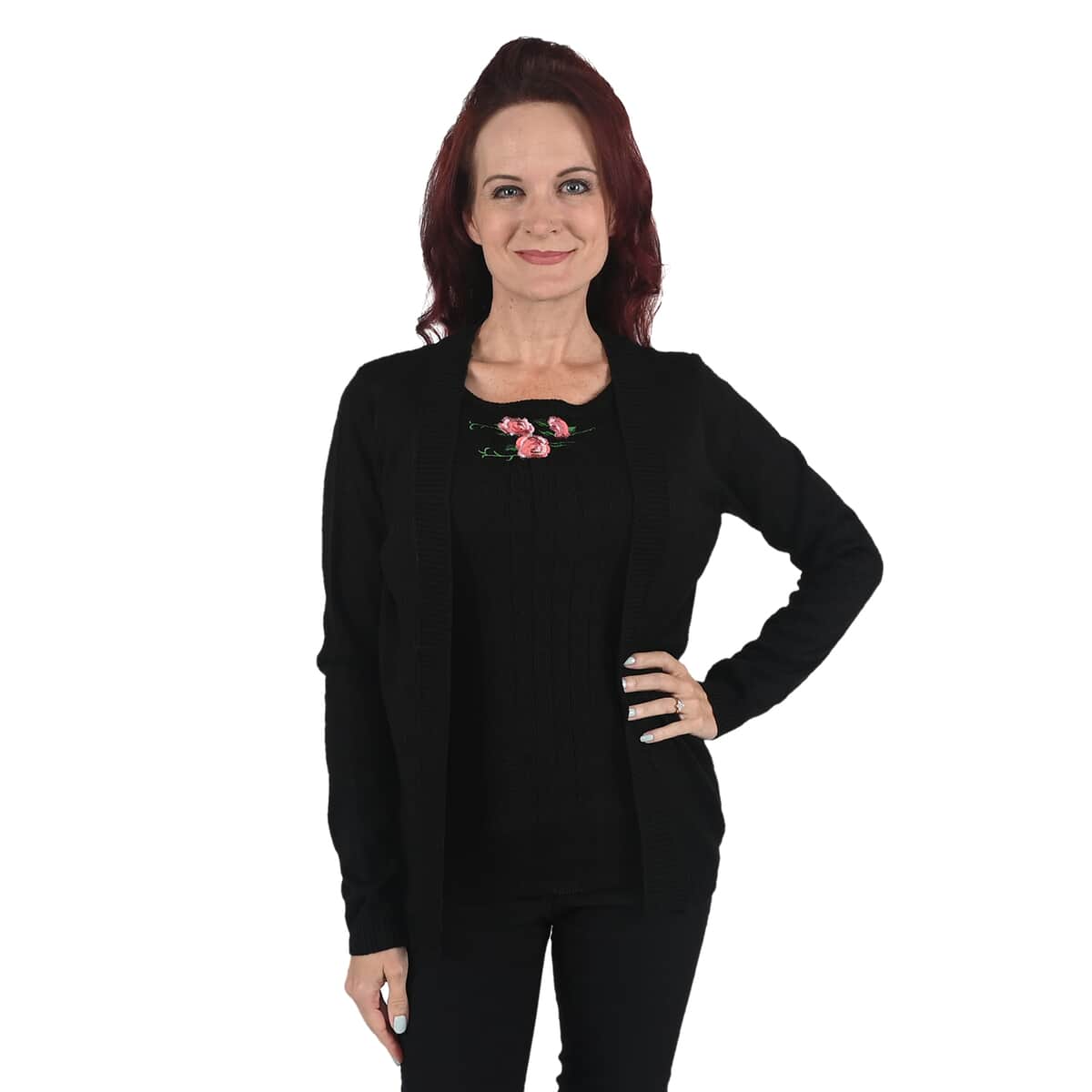 NY DESIGNER SWEATER CLOSEOUT - EVELYN TAYLOR Mock 2-in-1 Twin Set Sweater in Black - Size L image number 0