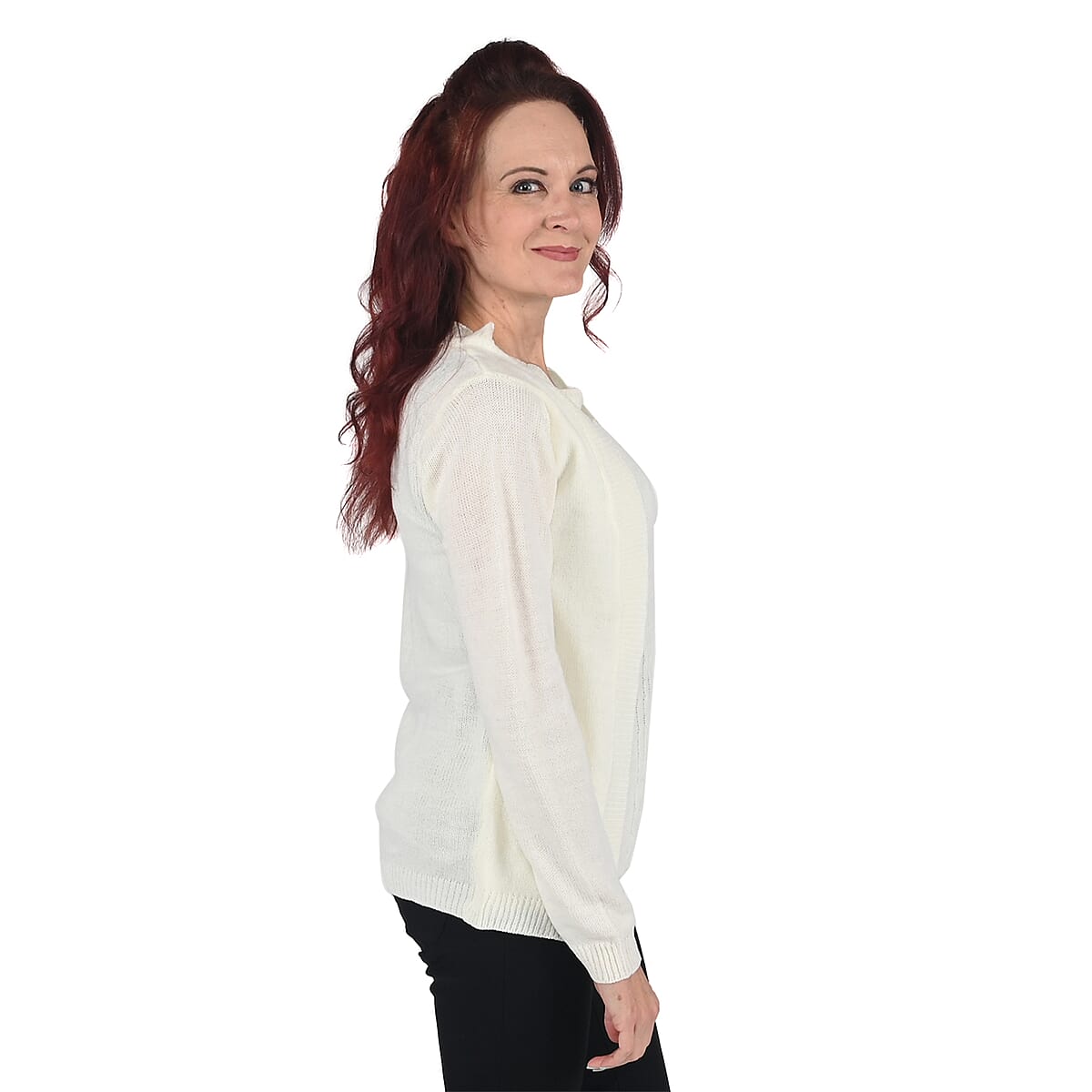 NY DESIGNER SWEATER CLOSEOUT - EVELYN TAYLOR Mock 2-in-1 Twin Set Sweater in Ivory- Size 1XL image number 2