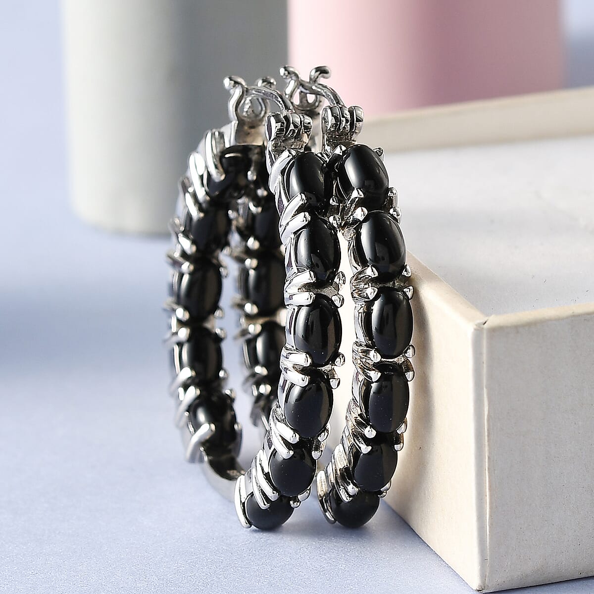 Black Onyx Hoop Earrings in Stainless Steel 12.65 ctw image number 1