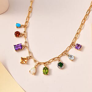 Multi Gemstone Cluster Mixed Shapes Paper Clip Necklace 18 Inches in Vermeil Yellow Gold Over Sterling Silver 8.50 ctw