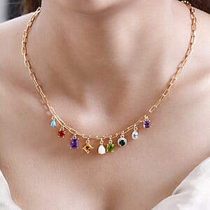 Multi Gemstone Cluster Mixed Shapes Paper Clip Necklace 18 Inches in Vermeil Yellow Gold Over Sterling Silver 8.50 ctw