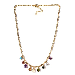 Multi Gemstone Cluster Mixed Shapes Paper Clip Necklace 18 Inches in Vermeil Yellow Gold Over Sterling Silver 8.50 ctw
