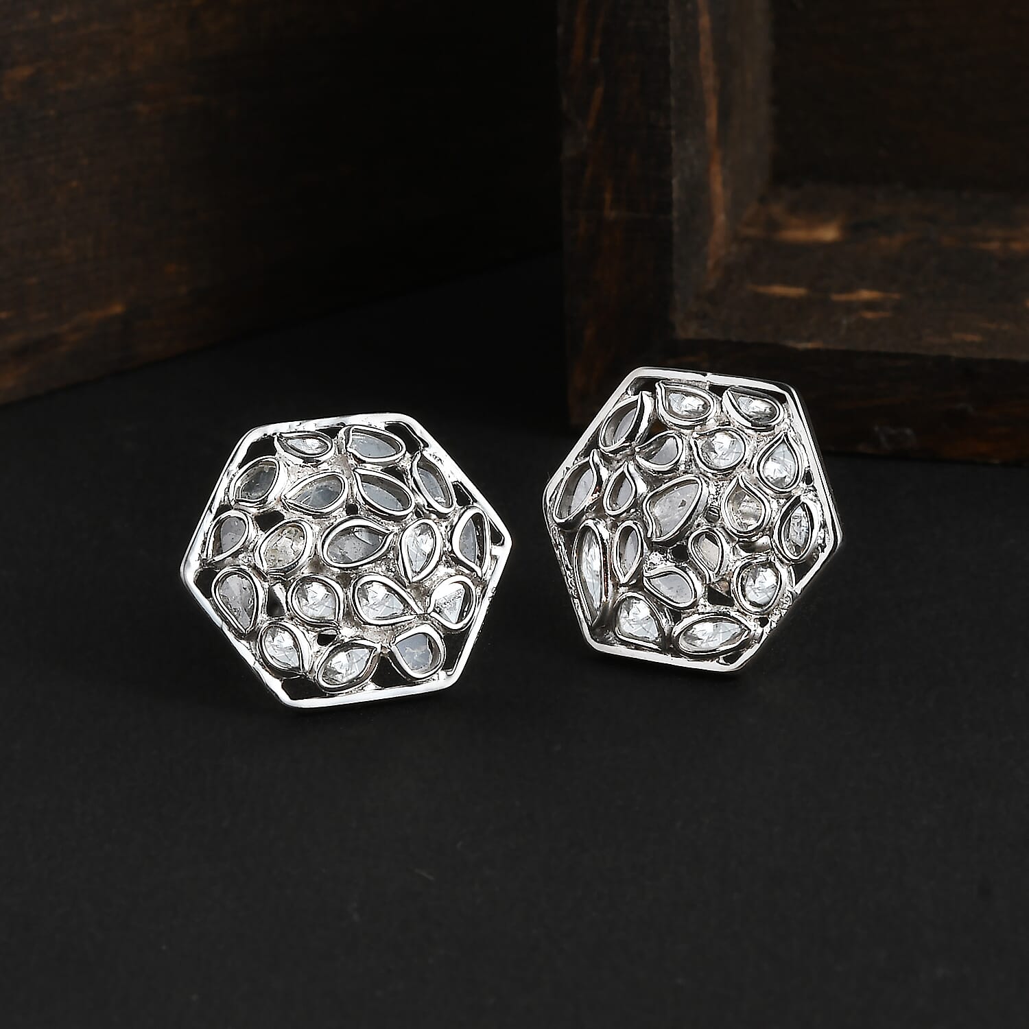 Artisan Crafted Polki Diamond Stud Earrings in Platinum Over Sterling Silver 1.00 ctw