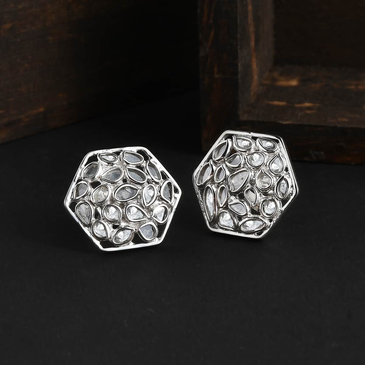 Artisan Crafted Polki Diamond Stud Earrings in Platinum Over Sterling Silver 1.00 ctw image number 1