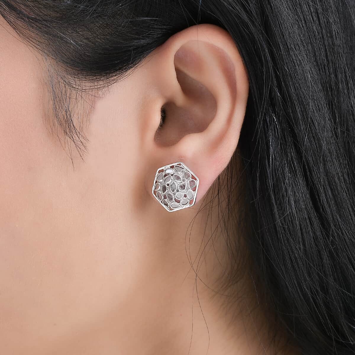 Artisan Crafted Polki Diamond Stud Earrings in Platinum Over Sterling Silver 1.00 ctw image number 2