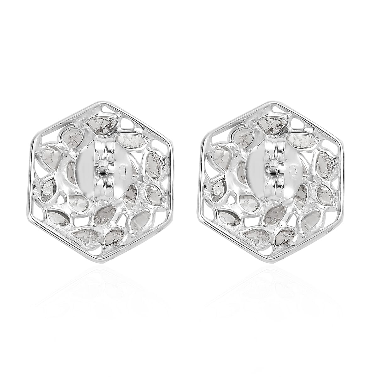 Artisan Crafted Polki Diamond Stud Earrings in Platinum Over Sterling Silver 1.00 ctw