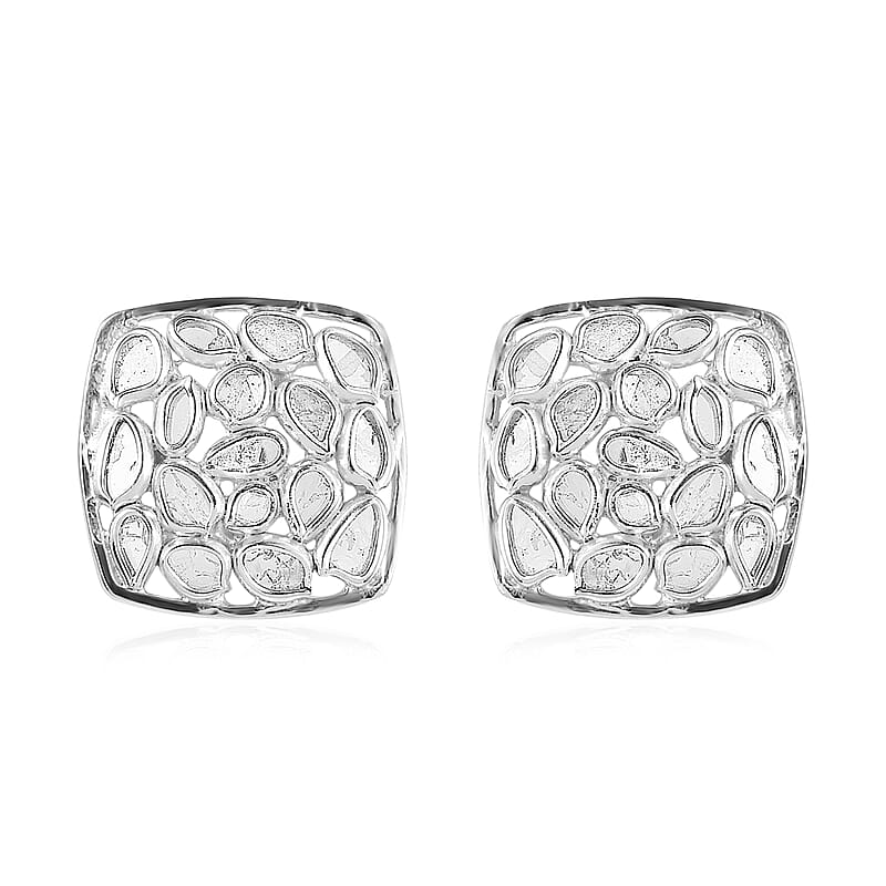 Artisan Crafted Polki Diamond Stud Earrings in Platinum Over Sterling Silver 1.00 ctw