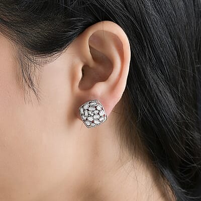 Artisan Crafted Polki Diamond Stud Earrings in Platinum Over Sterling Silver 1.00 ctw