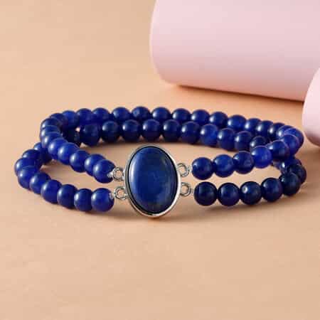 Lapis Lazuli, Blue Quartzite Double Row Beaded Stretch Bracelet in Stainless Steel 110.00 ctw image number 1
