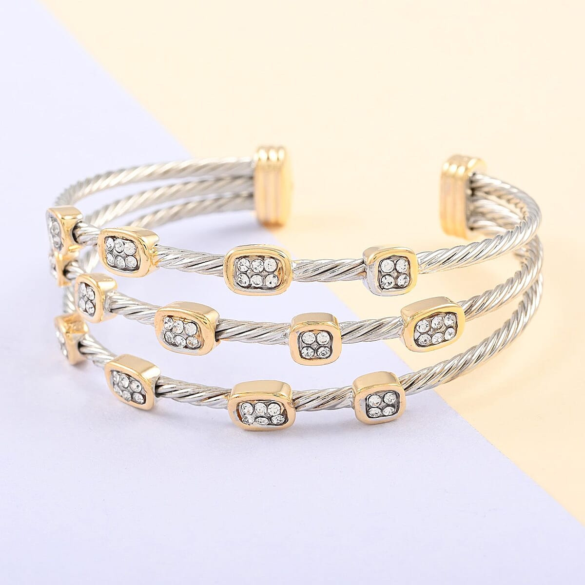 MX Signature Collection Micro Pave Adjustable Two-Tone Triple Cable Layered Rhinestone Cuff Bracelet in Silvertone and Goldtone 0.15 ctw image number 1