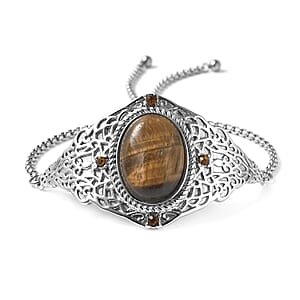 Yellow Tiger's Eye and Brown Austrian Crystal Bolo Bracelet in Stainless Steel 23.25 ctw