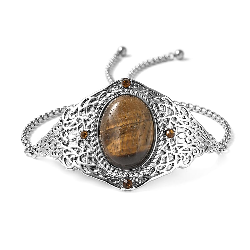 Yellow Tiger's Eye and Brown Austrian Crystal Bolo Bracelet in Stainless Steel 23.25 ctw