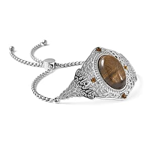 Yellow Tiger's Eye and Brown Austrian Crystal Bolo Bracelet in Stainless Steel 23.25 ctw